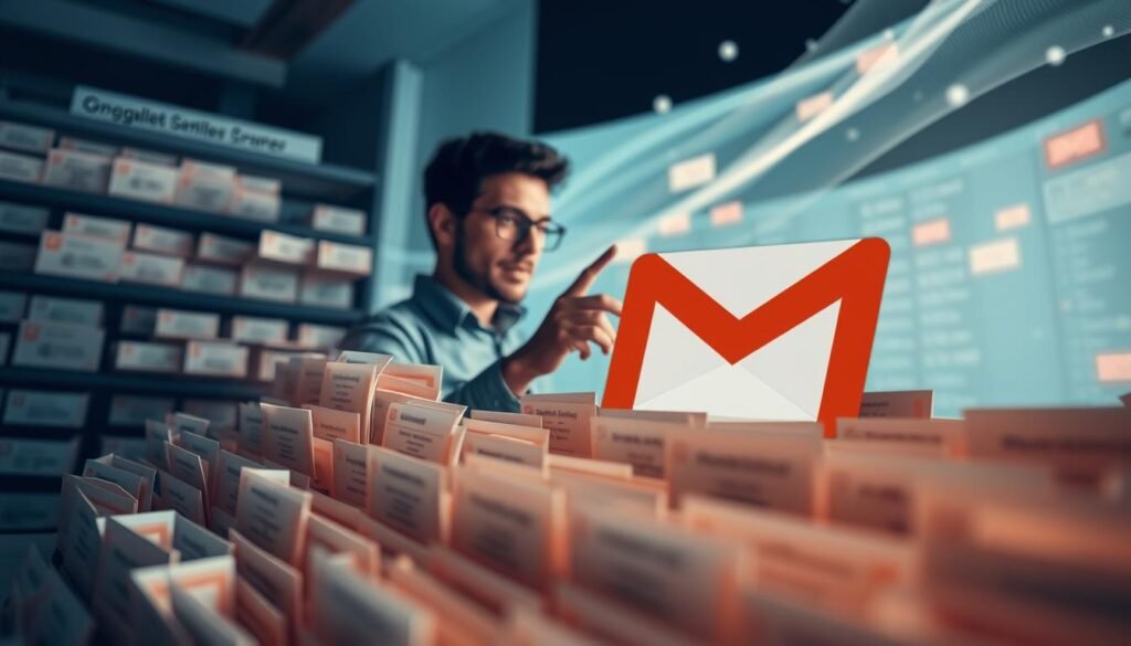 Uma caixa de entrada do Gmail organizada, com o primeiro plano repleto de pastas e marcadores de e-mail meticulosamente categorizados. Uma caixa de entrada do Gmail organizada, com o primeiro plano repleto de pastas e marcadores de e-mail meticulosamente categorizados.